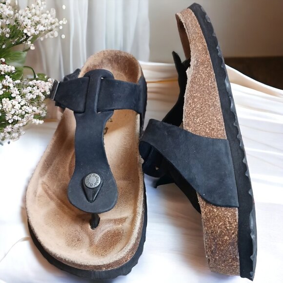 Birkenstock Betula Black Leather Thong Sandals Size 7 - Picture 1 of 13